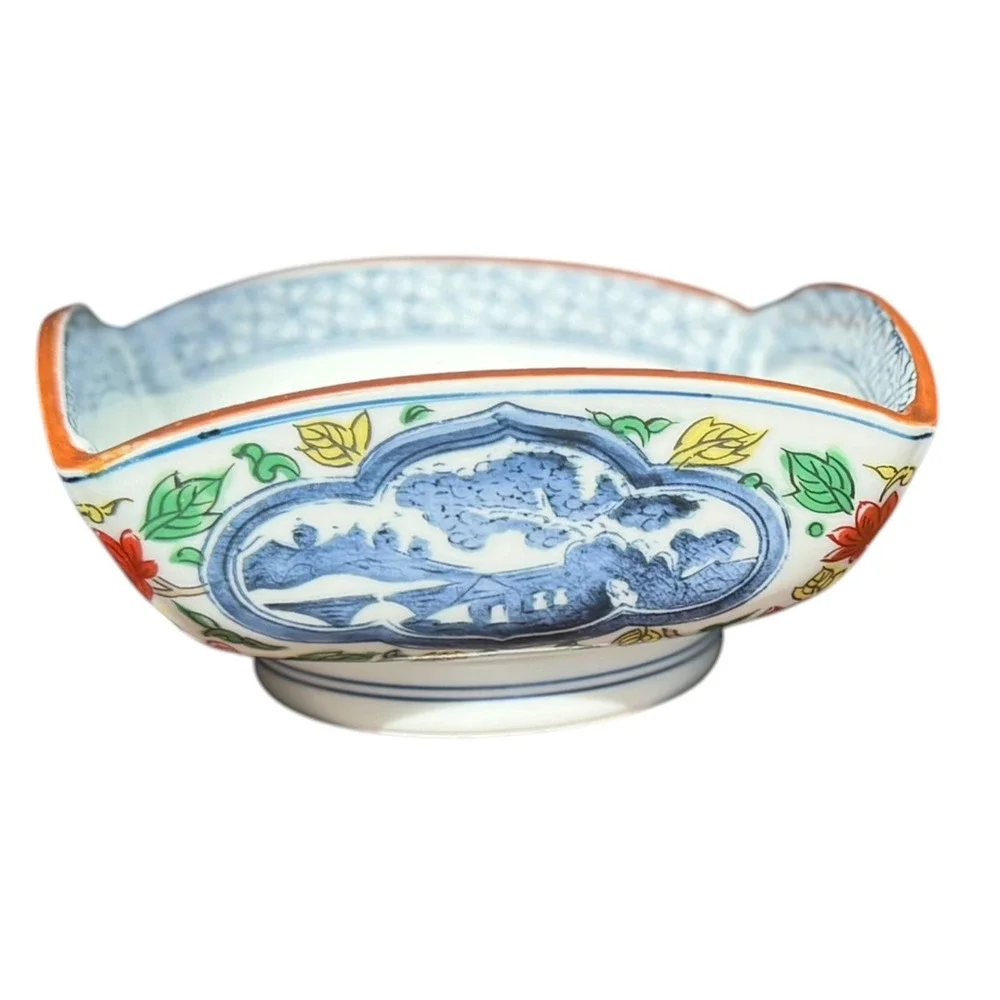 Antique Japanese Imari Arita Footed Square Bowl Fuku Mark Meiji Style